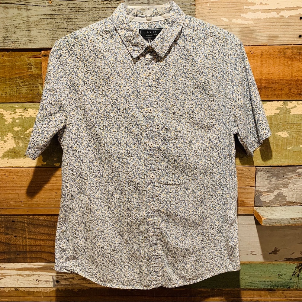 Floral blue button down men’s shirt by:
